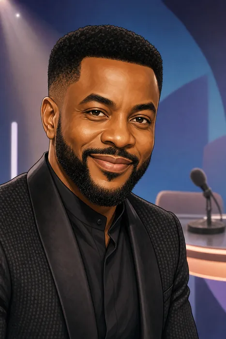 Illustrated head-and-shoulders portrait of Ebuka Obi-Uchendu with subtle television-hosting cues.