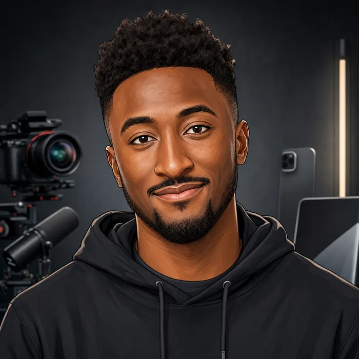 Illustrated head-and-shoulders portrait of Marques Brownlee with subtle consumer-technology and studio-recording cues.