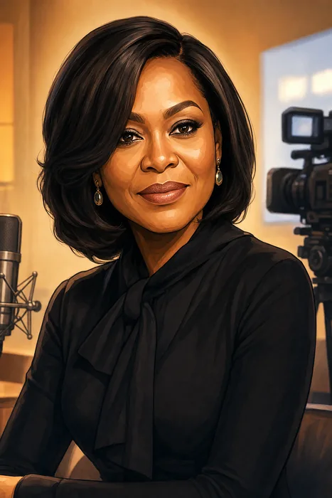 Illustrated head-and-shoulders portrait of Funmi Iyanda with subtle television and documentary-production cues.