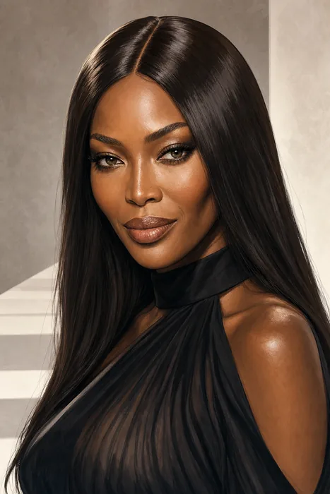 Illustrated head-and-shoulders portrait of Naomi Campbell with understated fashion-editorial styling.
