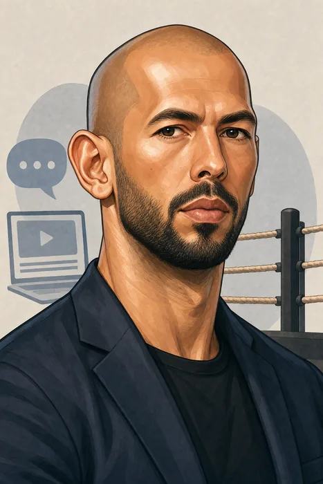 Illustrated head-and-shoulders portrait of Andrew Tate with understated cues to online commentary and kickboxing.