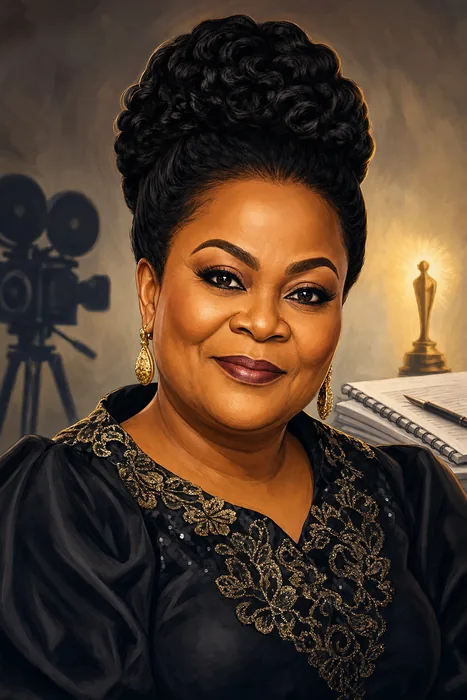Illustrated head-and-shoulders portrait of Sola Sobowale with subtle film and television cues.