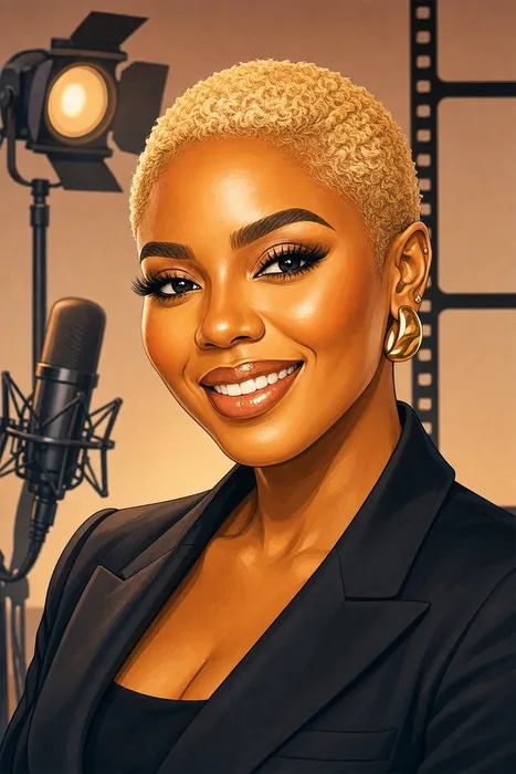 Illustrated head-and-shoulders portrait of Nancy Isime with subtle television and film-production cues.