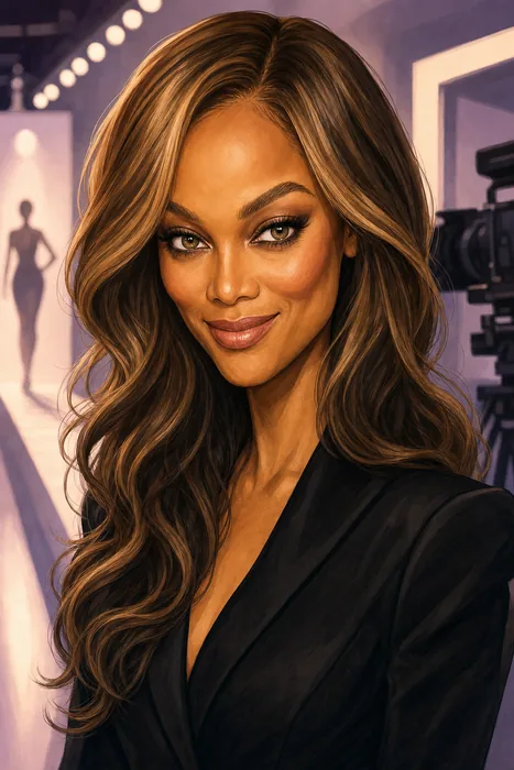 Editorial illustrated head-and-shoulders portrait of Tyra Banks with subtle fashion and television-production cues.