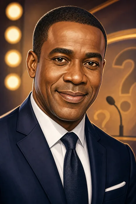 Illustrated head-and-shoulders portrait of Frank Edoho with subtle television quiz-show and broadcasting cues.
