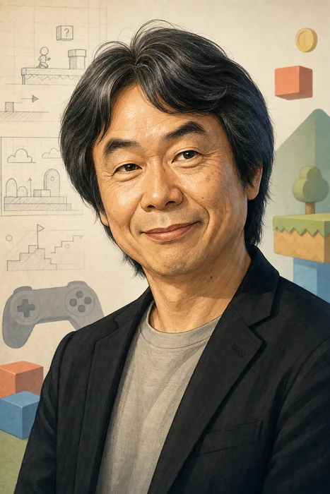 Illustrated head-and-shoulders caricature of Shigeru Miyamoto with subtle video-game design cues.