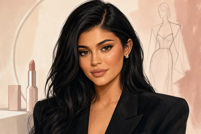 Illustrated head-and-shoulders portrait of Kylie Jenner with subtle cosmetics and fashion design cues.