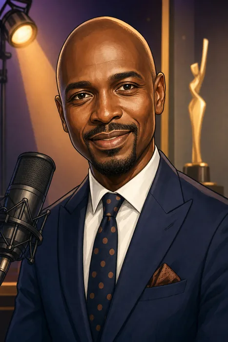Illustrated head-and-shoulders portrait of IK Osakioduwa with subtle microphone and stage-light cues.
