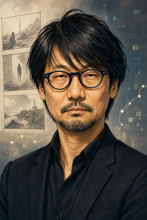 Illustrated head-and-shoulders portrait of Hideo Kojima with subtle video-game development cues in the background.
