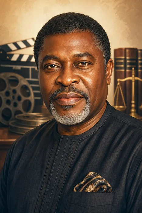 Illustrated head-and-shoulders portrait of Nigerian actor and film producer Kanayo O. Kanayo, with subtle film and legal-themed background cues.