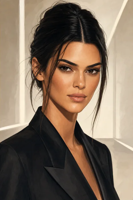 Editorial-style illustrated head-and-shoulders portrait of Kendall Jenner with subtle fashion runway cues.