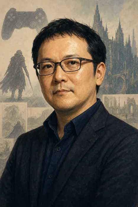 Illustrated head-and-shoulders portrait of Hidetaka Miyazaki with subtle game-development design cues in the background.
