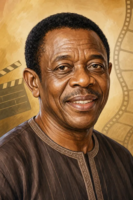 Illustrated head-and-shoulders caricature of Nigerian actor and comedian Nkem Owoh, with subtle Nollywood film cues.