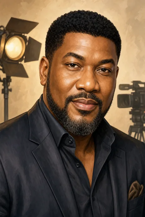 Illustrated head-and-shoulders portrait of Chidi Mokeme with subtle film and television-hosting cues.