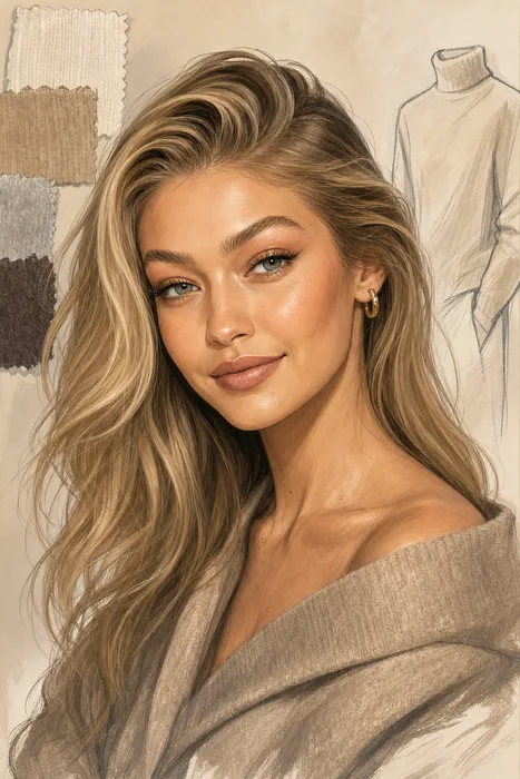Illustrated head-and-shoulders portrait of Gigi Hadid with subtle fashion and cashmere-design cues.