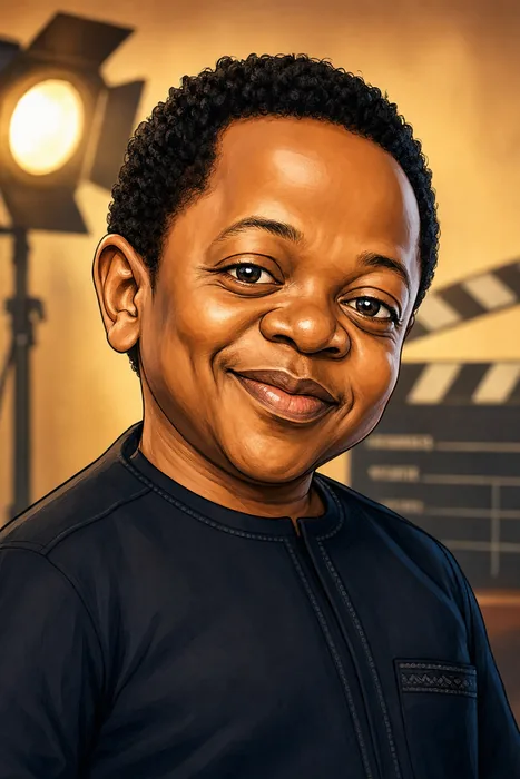 Illustrated head-and-shoulders portrait of Nigerian actor and comic performer Chinedu Ikedieze against a simple film-inspired background.