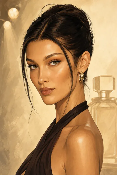 Illustrated head-and-shoulders portrait of Bella Hadid with subtle fashion and fragrance cues.