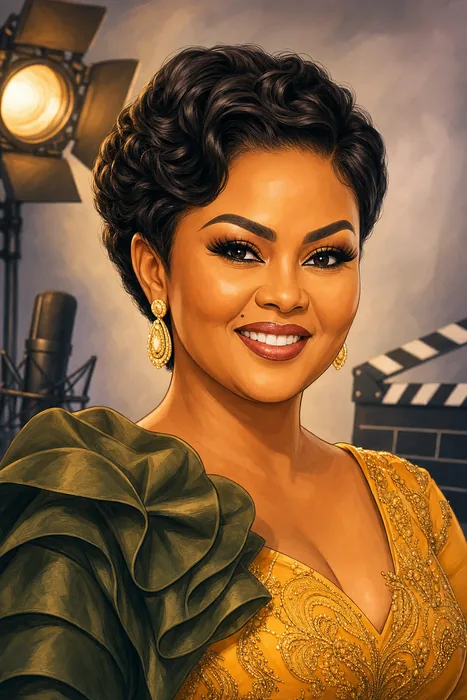 Illustrated head-and-shoulders portrait of Nana Ama McBrown with subtle film and television-hosting cues.