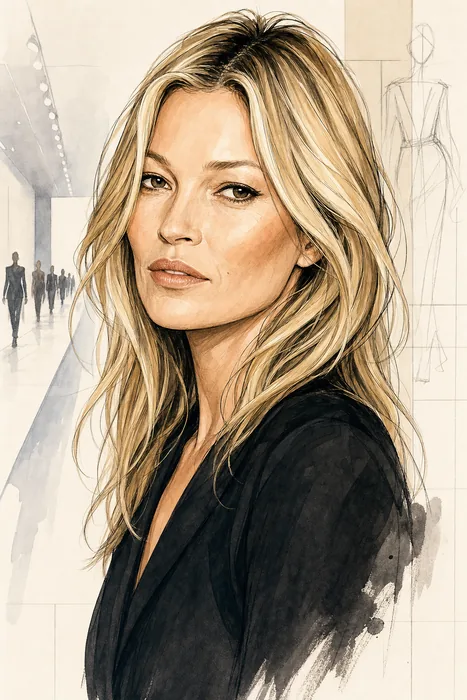 Illustrated head-and-shoulders portrait of Kate Moss with understated fashion-industry cues.