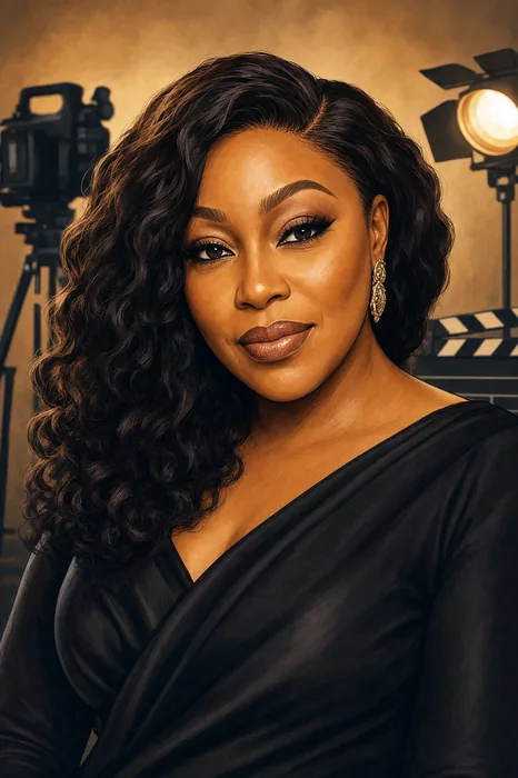 Illustrated head-and-shoulders portrait of Rita Dominic with subtle film-production imagery in the background.