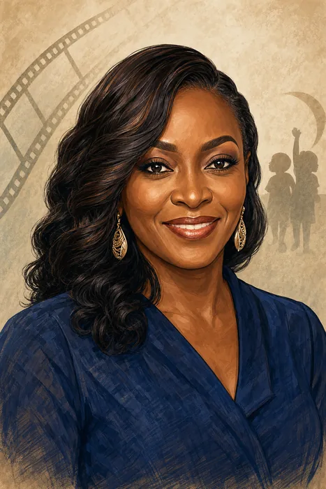 Illustrated head-and-shoulders portrait of Kate Henshaw with subtle film and child-rights advocacy cues.