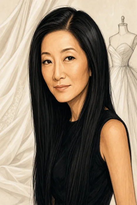 Illustrated head-and-shoulders portrait of Vera Wang with subtle bridal-fashion design cues.