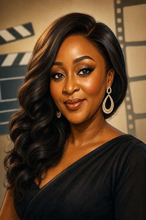 Illustrated head-and-shoulders portrait of Ini Edo with subtle film and television production cues.