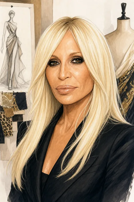 Illustrated head-and-shoulders portrait of Donatella Versace with understated fashion-design cues.