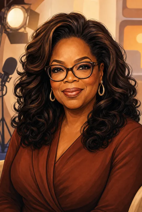 Illustrated head-and-shoulders portrait of Oprah Winfrey with subtle television and media-production cues.