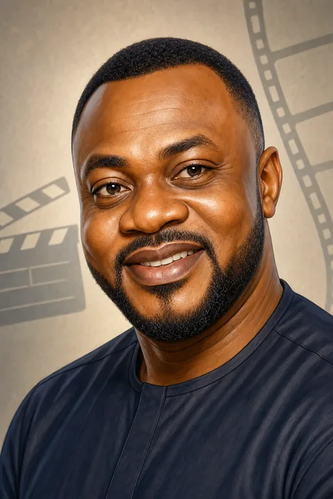 Illustrated head-and-shoulders portrait of Odunlade Adekola with subtle film-production cues.