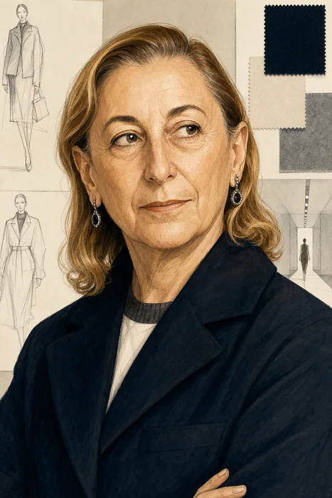 Illustrated head-and-shoulders portrait of Miuccia Prada with understated fashion-design cues.