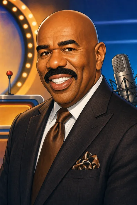 Illustrated head-and-shoulders portrait of Steve Harvey with subtle television game-show and radio-studio cues.