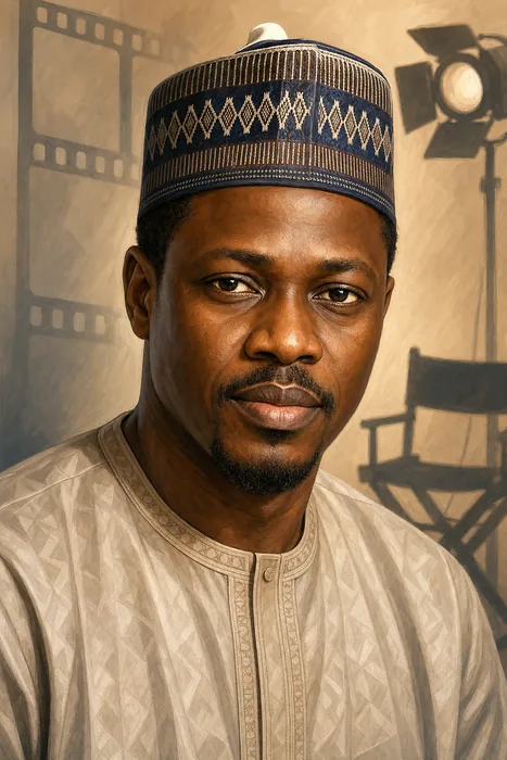 Illustrated head-and-shoulders portrait of Ali Nuhu with subtle film-industry cues.