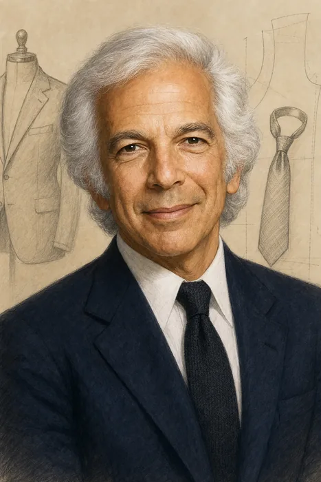 Illustrated head-and-shoulders portrait of Ralph Lauren with subtle fashion-design cues.