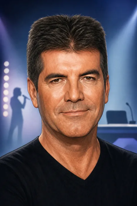 Illustrated head-and-shoulders portrait of Simon Cowell with subtle television talent-show and music-development cues.