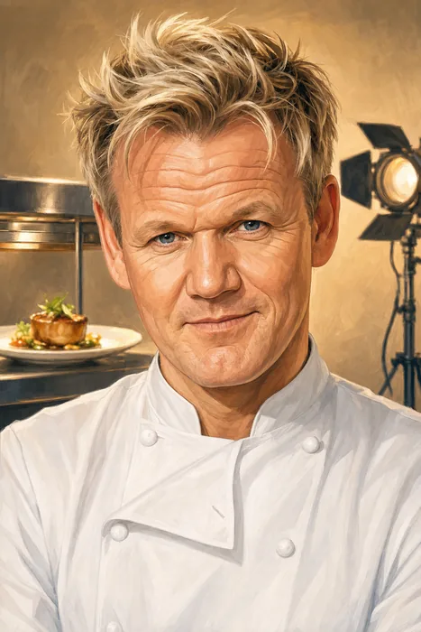 Illustrated head-and-shoulders portrait of Gordon Ramsay in a chef's jacket, with subtle culinary and television-production cues.