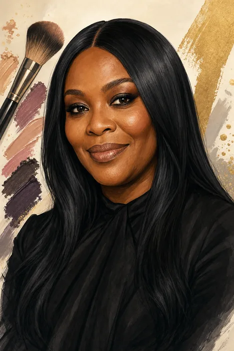 Illustrated head-and-shoulders portrait of Pat McGrath with subtle makeup artistry cues.