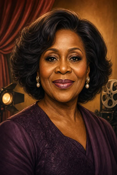 Illustrated head-and-shoulders portrait of Joke Silva with subtle theatre and film-production cues.