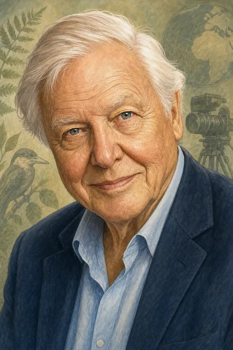Illustrated head-and-shoulders portrait of David Attenborough with understated natural-history and broadcasting cues.