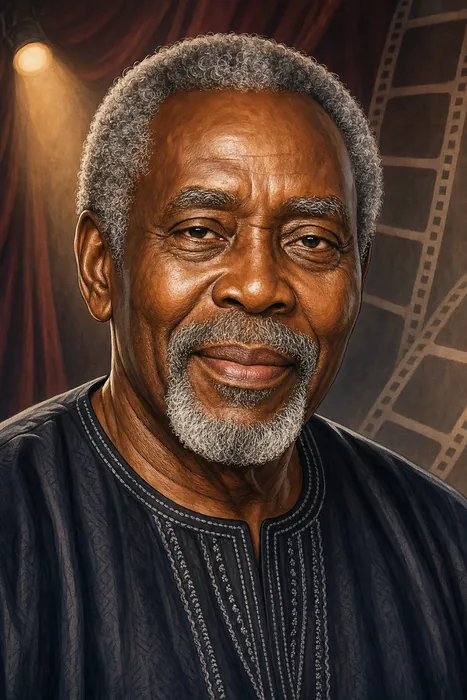 Illustrated head-and-shoulders portrait of Olu Jacobs with subtle theatre and film cues.