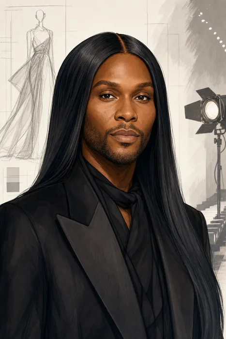 Illustrated head-and-shoulders portrait of Law Roach in an editorial fashion setting, with subtle styling and television-production cues.
