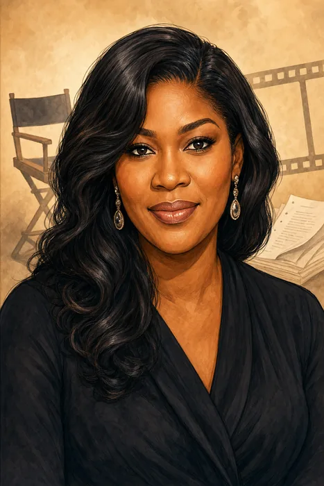 Illustrated head-and-shoulders portrait of Stephanie Linus with subtle film-production imagery in the background.