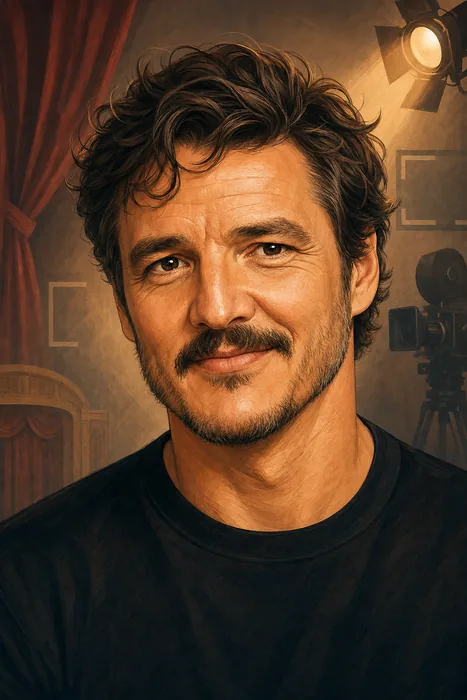 Illustrated head-and-shoulders caricature of actor Pedro Pascal with subtle theater and screen-performance motifs.