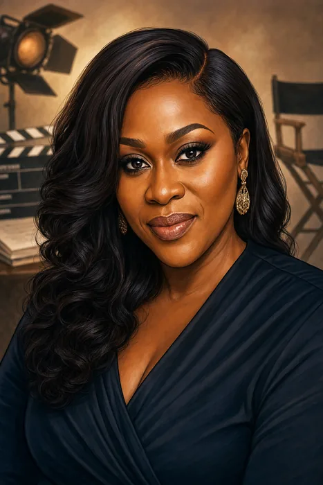 Illustrated head-and-shoulders portrait of Uche Jombo with subtle filmmaking cues.