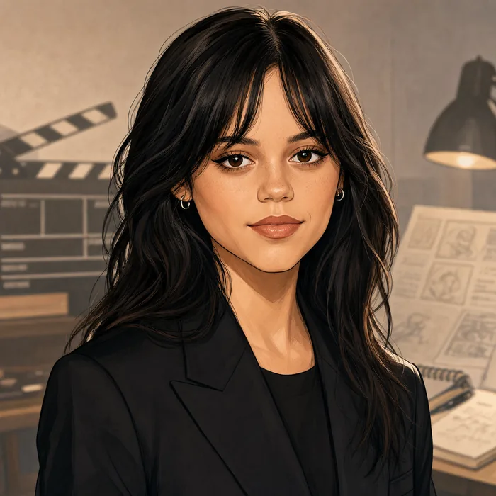 Illustrated head-and-shoulders portrait of Jenna Ortega with understated film and television production cues.