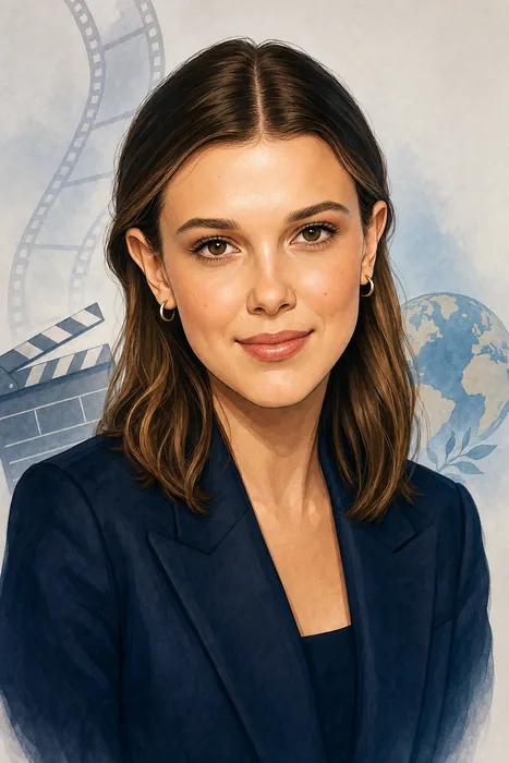 Illustrated head-and-shoulders portrait of Millie Bobby Brown with subtle film and goodwill-advocacy cues.