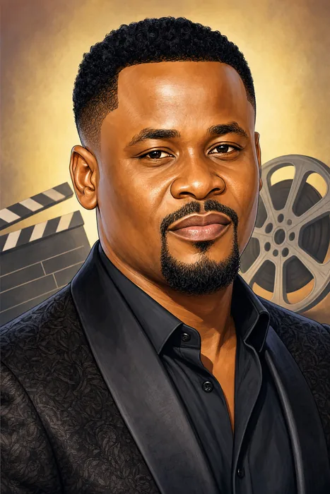 Illustrated head-and-shoulders portrait of Nigerian actor and film producer Azubuike Michael, known as Zubby Michael, with subtle film-production cues.