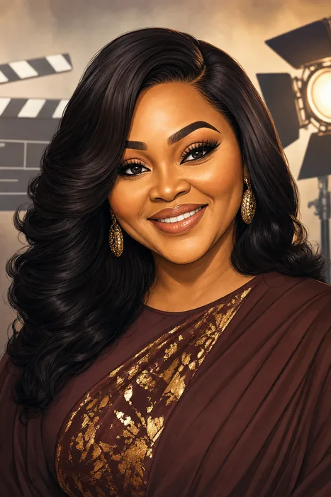 Illustrated head-and-shoulders portrait of Mercy Aigbe with subtle Nollywood film-production cues.