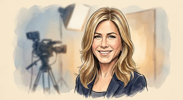 Illustrated head-and-shoulders portrait of Jennifer Aniston with subtle television and film production cues.