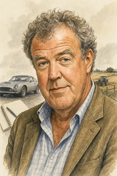 Illustrated head-and-shoulders portrait of Jeremy Clarkson with subtle motoring and farming cues.